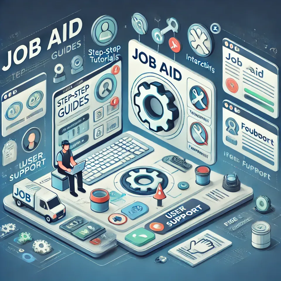 Job Aid Portal interface concept showing contextual help and tutorials for Odoo users