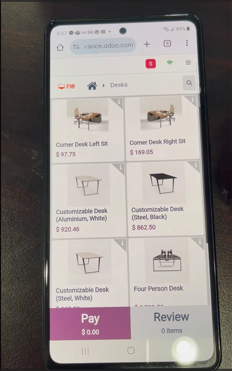 Odoo POS mobile payment screen showing tap-to-pay and key-in card options