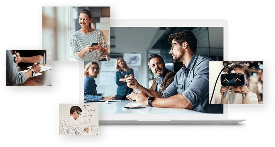 Collage of a business team collaborating in a meeting, reviewing a laptop, and planning notes